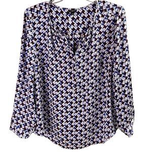 Talbots Women's Plus Size 2X V-Neck Patterned Semi Sheer Blouse White Blue